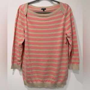 Talbots Peachy Pink & Gold Metallic Striped Boatneck Pullover Sweater Size Large